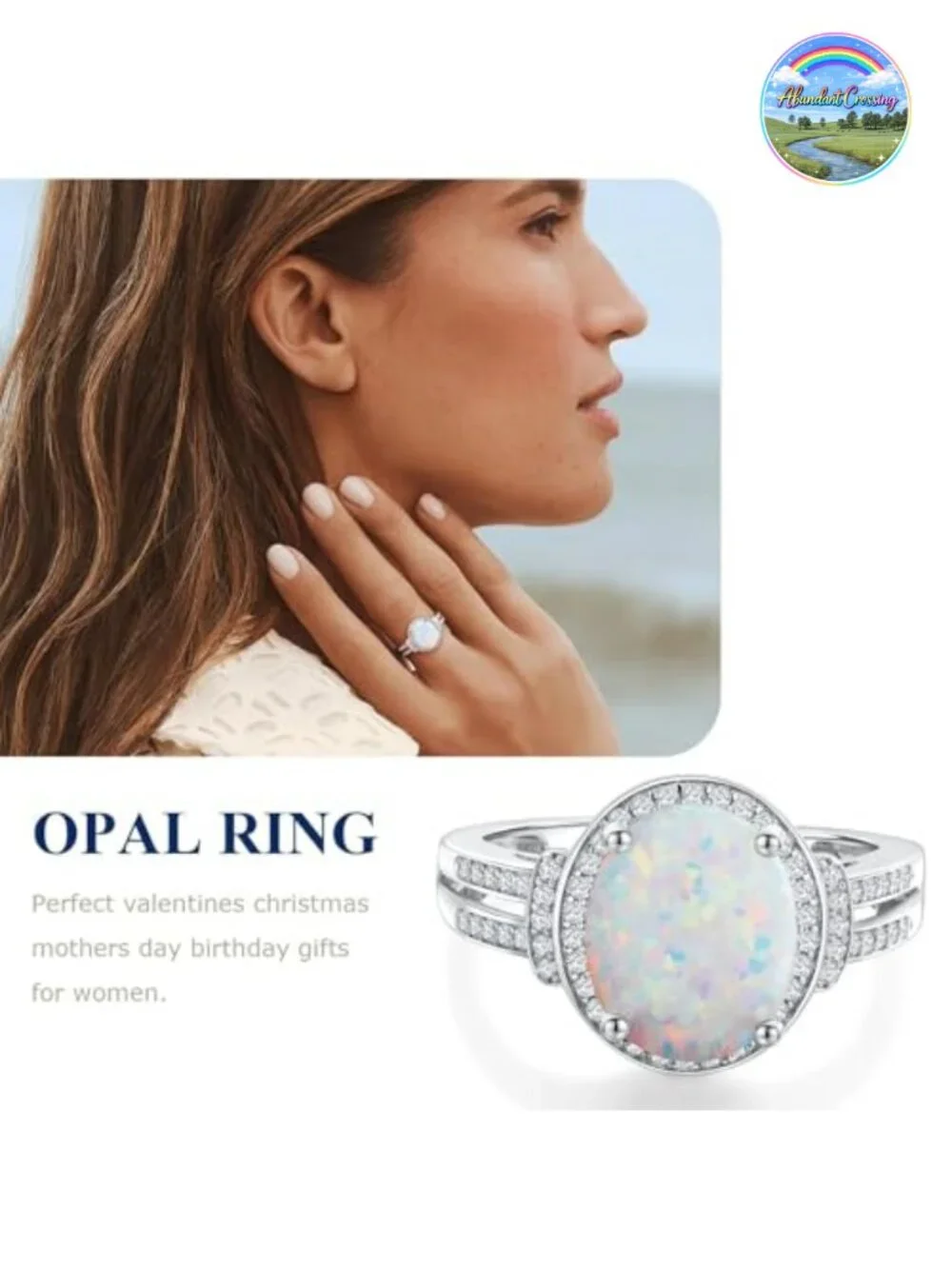 925 Sterling Silver 18k White Gold Plated Halo Engagement Ring, 5.5ct Oval Opal